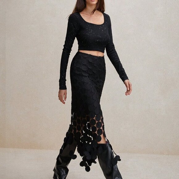 Black Casual Women's Laser Cut Multi Circle Double Layered Skirt - Picture 7 of 8